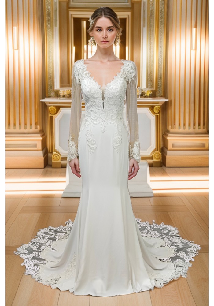 Fitted N Flare Crepe Wedding Dress with Lacy Cut-Out Train - LV-M6005