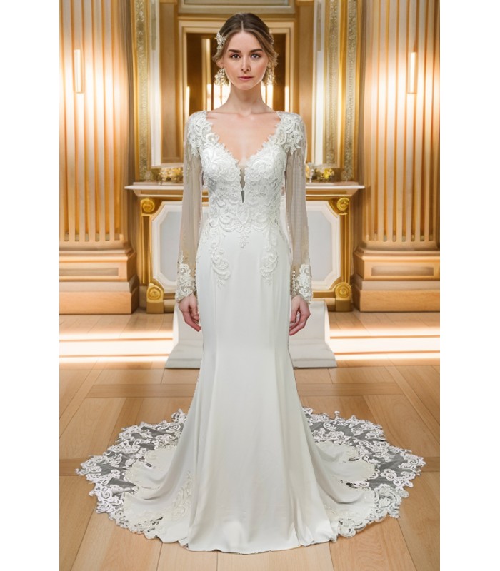 Fitted N Flare Crepe Wedding Dress with Lacy Cut-Out Train - LV-M6005