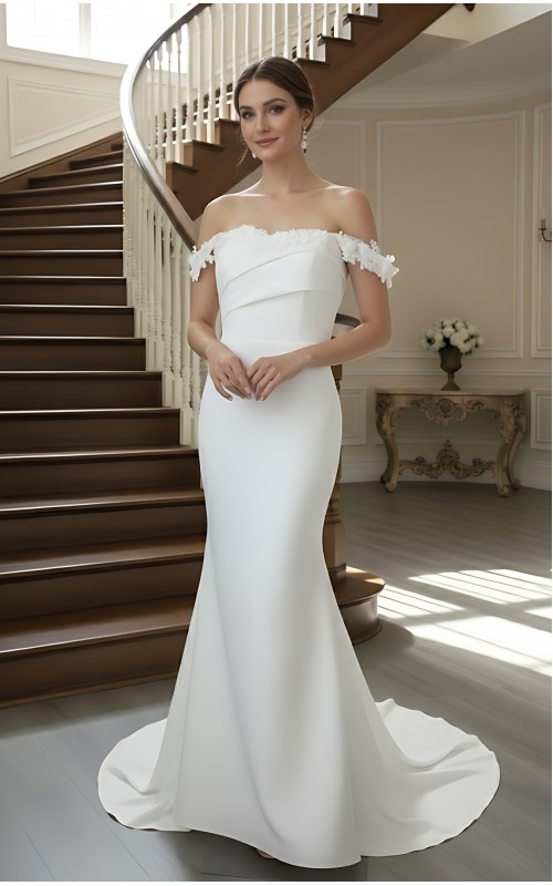 Ethereal Crepe Mermaid Gown with 3-D Floral Laces Accent Off-Shoulder Straps- LV-M6006