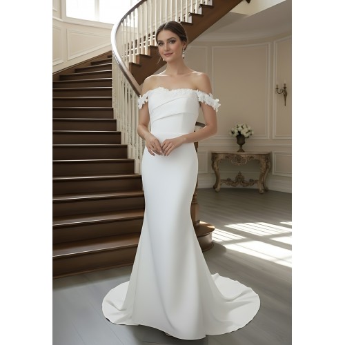 Ethereal Crepe Mermaid Gown with 3-D Floral Laces Accent Off-Shoulder Straps- LV-M6006