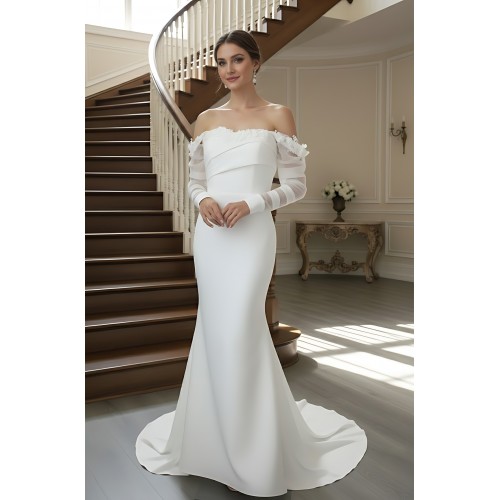 Ethereal Crepe Mermaid Gown with 3-D Floral Laces Accent Off-Shoulder Straps- LV-M6006