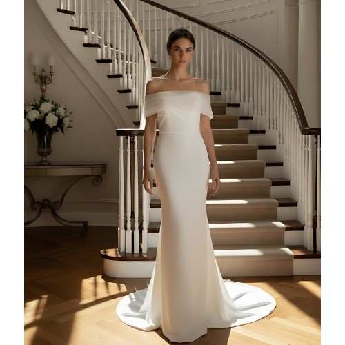 Ethereal Crepe Mermaid Gown with 3-D Floral Laces Accent Off-Shoulder Straps- LV-M6006