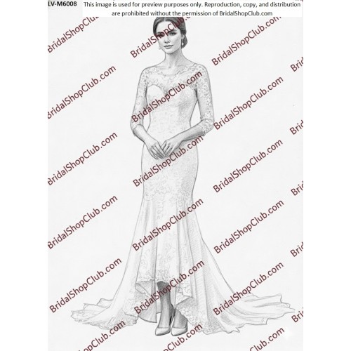 Lace Applique High-Low Tulle Mermaid Wedding Dress with 3-quarter Fitted Sheer Sleeves- LV-M6008