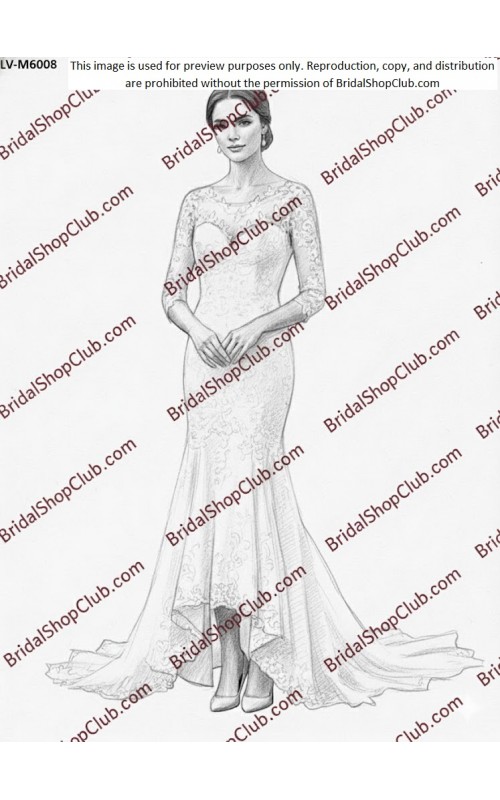 Lace Applique High-Low Tulle Mermaid Wedding Dress with 3-quarter Fitted Sheer Sleeves- LV-M6008