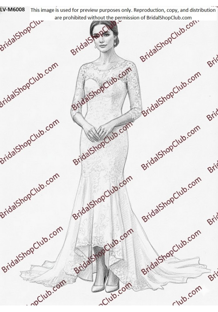 Lace Applique High-Low Tulle Mermaid Wedding Dress with 3-quarter Fitted Sheer Sleeves- LV-M6008