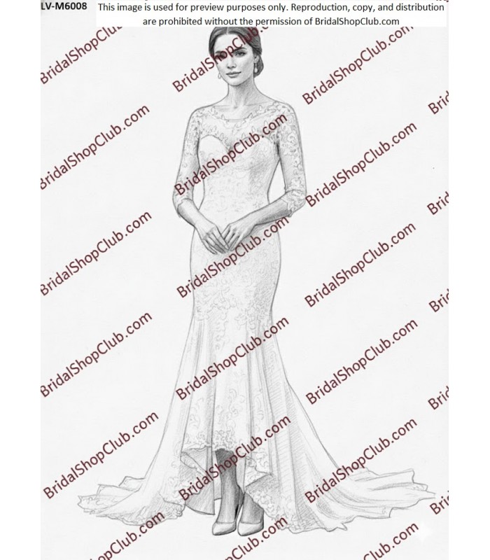 Lace Applique High-Low Tulle Mermaid Wedding Dress with 3-quarter Fitted Sheer Sleeves- LV-M6008