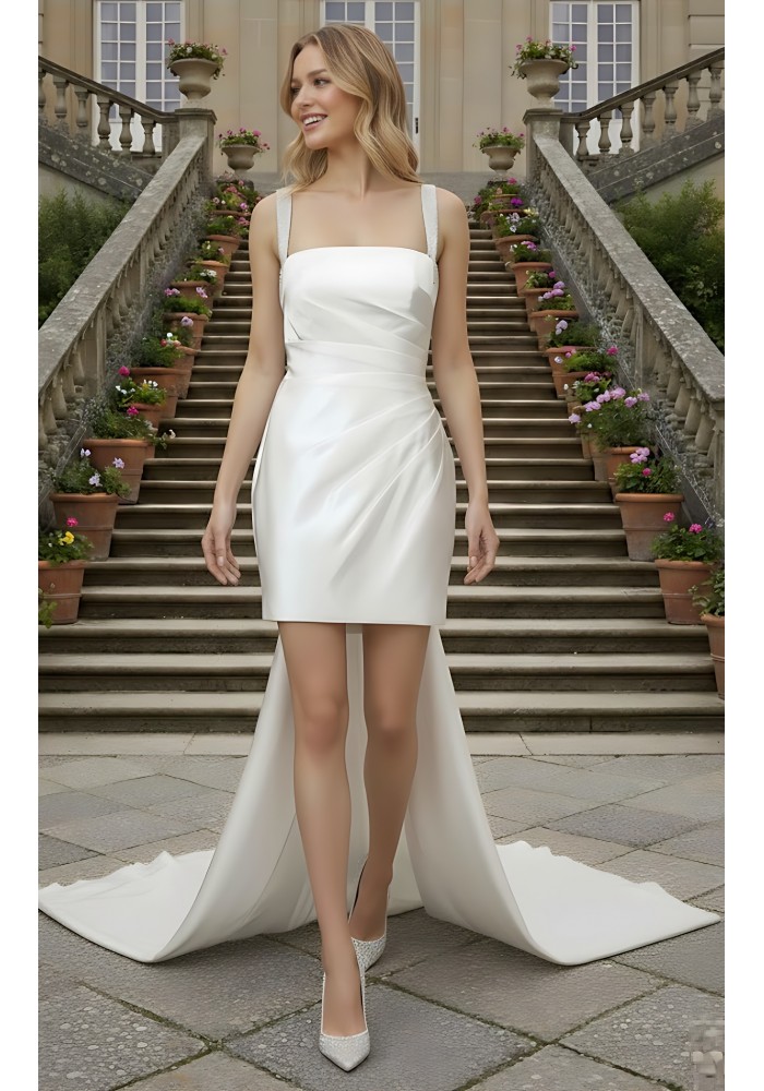 Wedding Dress - Satin Pleated Mini Skirt with Detachable Train - LV-R1001