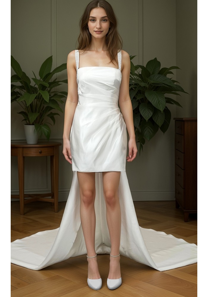 Wedding Dress - Satin Pleated Mini Skirt with Detachable Train - LV-R1001