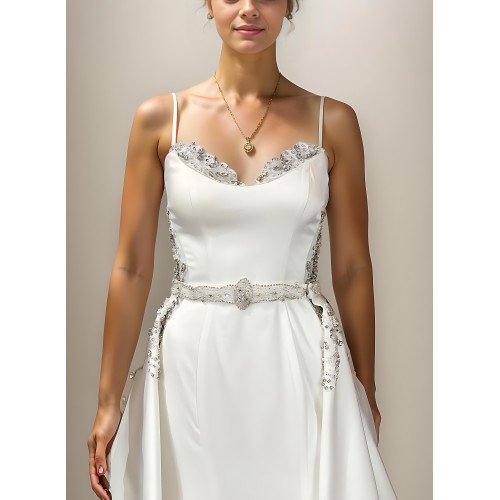 Wedding Dress - Satin Rhinnestone Floral Laces Fitted & Flair with Detachable Overskirt - LV-S1002