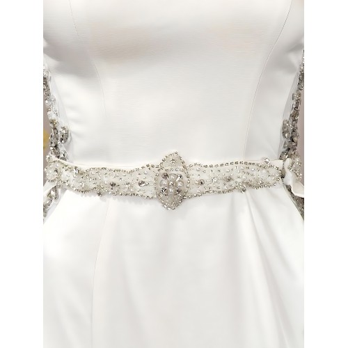 Wedding Dress - Satin Rhinnestone Floral Laces Fitted & Flair with Detachable Overskirt - LV-S1002