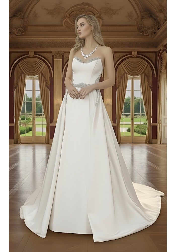 Wedding Dress - Satin Rhinnestone Floral Laces Fitted & Flair with Detachable Overskirt - LV-S1002