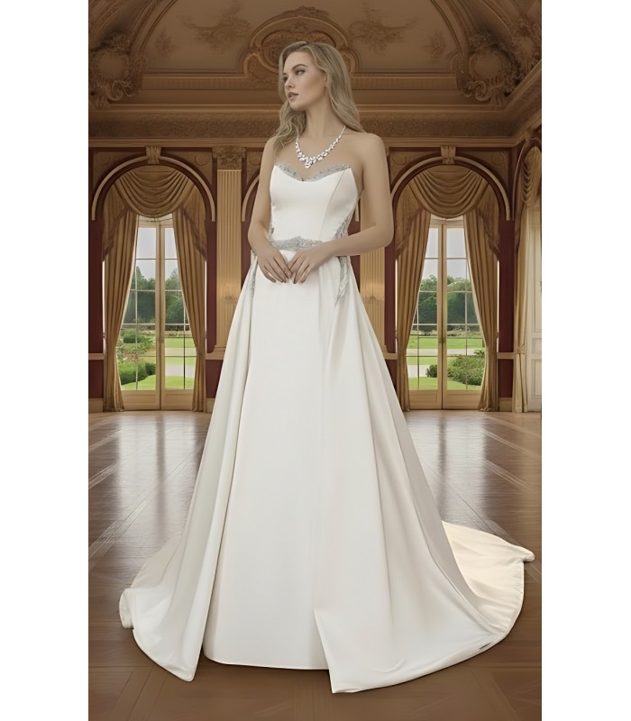 Wedding Dress - Satin Rhinnestone Floral Laces Fitted & Flair with Detachable Overskirt - LV-S1002