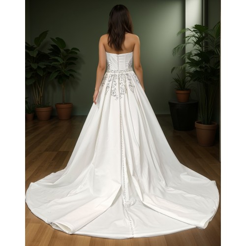 Wedding Dress - Satin Rhinnestone Floral Laces Fitted & Flair with Detachable Overskirt - LV-S1002