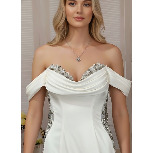 Wedding Dress - Satin Rhinnestone Floral Laces Fitted & Flair with Detachable Overskirt - LV-S1002