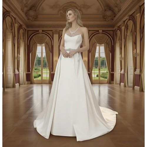 Wedding Dress - Satin Rhinnestone Floral Laces Fitted & Flair with Detachable Overskirt - LV-S1002