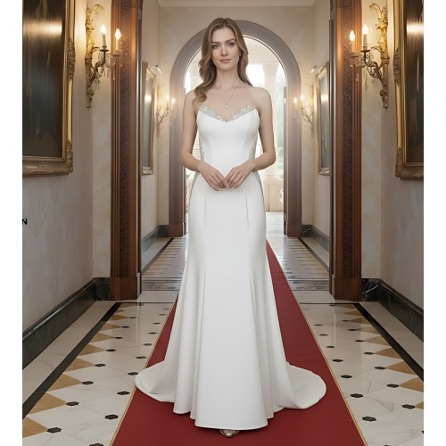 Wedding Dress - Satin Rhinnestone Floral Laces Fitted & Flair with Detachable Overskirt - LV-S1002