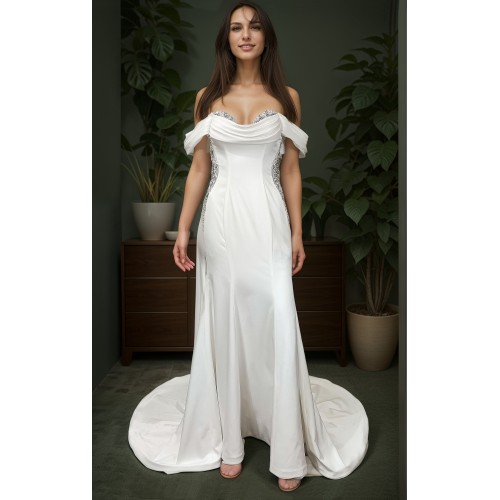 Wedding Dress - Satin Rhinnestone Floral Laces Fitted & Flair with Detachable Overskirt - LV-S1002