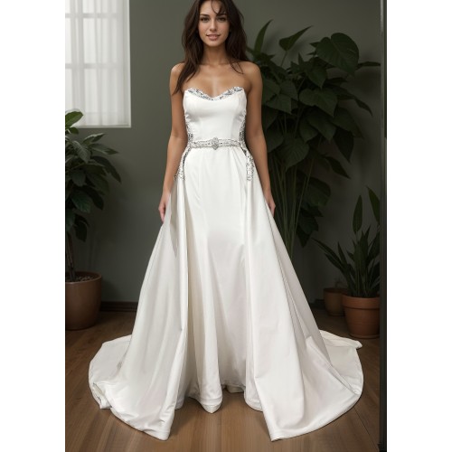 Wedding Dress - Satin Rhinnestone Floral Laces Fitted & Flair with Detachable Overskirt - LV-S1002