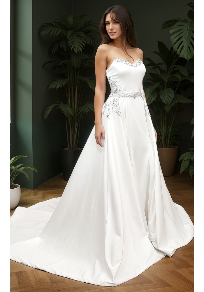 Wedding Dress - Satin Rhinnestone Floral Laces Fitted & Flair with Detachable Overskirt - LV-S1002