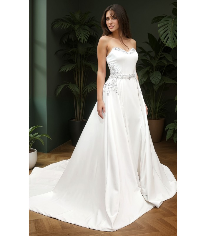 Wedding Dress - Satin Rhinnestone Floral Laces Fitted & Flair with Detachable Overskirt - LV-S1002