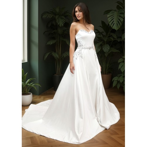 Wedding Dress - Satin Rhinnestone Floral Laces Fitted & Flair with Detachable Overskirt - LV-S1002