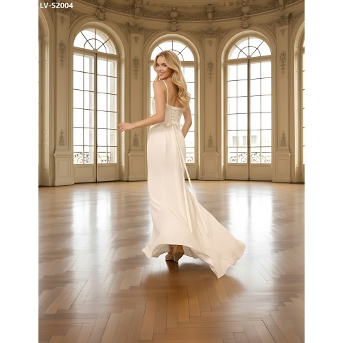 Wedding Dress - Crepe Fitted and Flare with Beaded and Sequin Floral Lace Bodice and Spaghetti Straps- LV-S2004