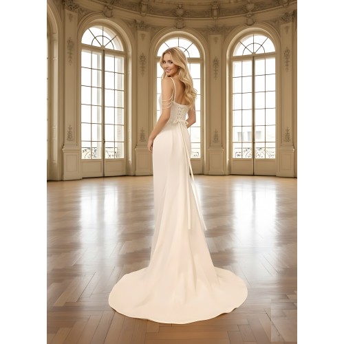 Wedding Dress - Crepe Fitted and Flare with Beaded and Sequin Floral Lace Bodice and Spaghetti Straps- LV-S2004