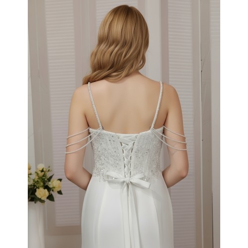 Wedding Dress - Crepe Fitted and Flare with Beaded and Sequin Floral Lace Bodice and Spaghetti Straps- LV-S2004