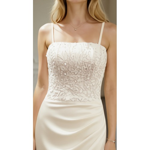 Wedding Dress - Crepe Fitted and Flare with Beaded and Sequin Floral Lace Bodice and Spaghetti Straps- LV-S2004