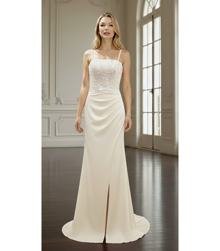 Wedding Dress - Crepe Fitted and Flare with Beaded and Sequin Floral Lace Bodice and Spaghetti Straps- LV-S2004