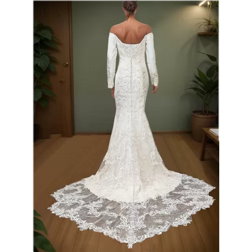 Crepe Long-Sleeve Fitted and Flair Wedding Dress  with Sheer Lacy Train - LV-S6003