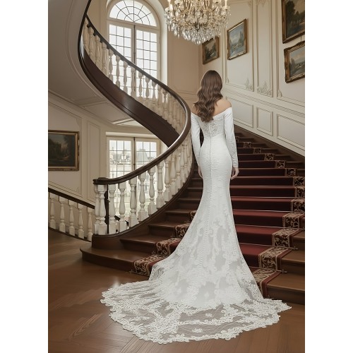 Crepe Long-Sleeve Fitted and Flair Wedding Dress  with Sheer Lacy Train - LV-S6003