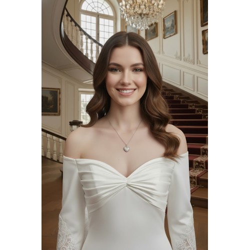 Crepe Long-Sleeve Fitted and Flair Wedding Dress  with Sheer Lacy Train - LV-S6003