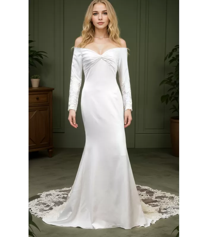 Crepe Long-Sleeve Fitted and Flair Wedding Dress  with Sheer Lacy Train - LV-S6003