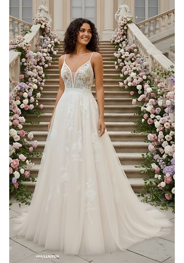 A-Line Beaded Floral Lace Appliqued Accent with Pearl Beads Plunge V neckline Tulle Wedding Dress - MO-A2004