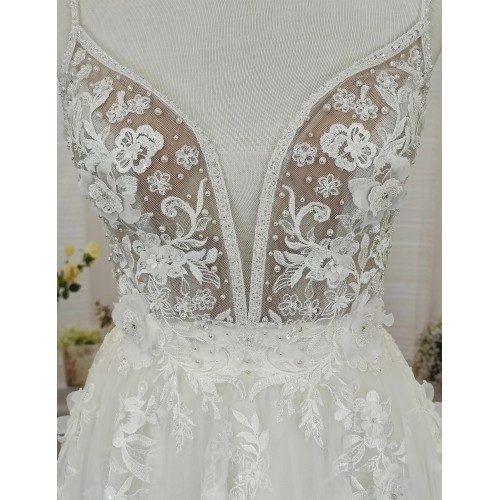 A-Line Beaded Floral Lace Appliqued Accent with Pearl Beads Plunge V neckline Tulle Wedding Dress - MO-A2004