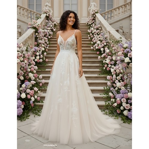 A-Line Beaded Floral Lace Appliqued Accent with Pearl Beads Plunge V neckline Tulle Wedding Dress - MO-A2004