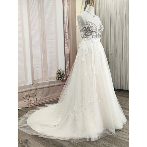 A-Line Beaded Floral Lace Appliqued Accent with Pearl Beads Plunge V neckline Tulle Wedding Dress - MO-A2004