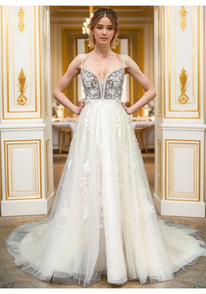 A-Line Beaded Floral Lace Appliqued Accent with Pearl Beads Plunge V neckline Tulle Wedding Dress - MO-A2004