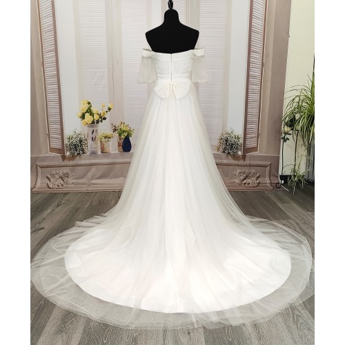 A-Line Pleated Tulle Wedding Dress with Off-Shoulder Short Sleeves- MO-A5002