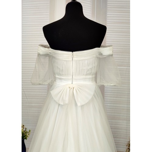 A-Line Pleated Tulle Wedding Dress with Off-Shoulder Short Sleeves- MO-A5002