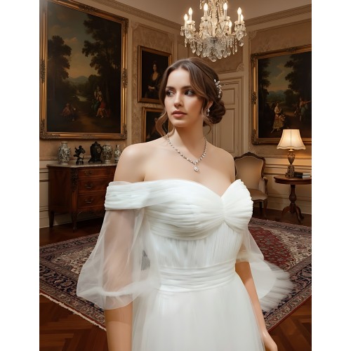 A-Line Pleated Tulle Wedding Dress with Off-Shoulder Short Sleeves- MO-A5002