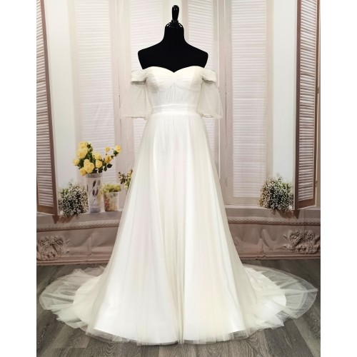 A-Line Pleated Tulle Wedding Dress with Off-Shoulder Short Sleeves- MO-A5002