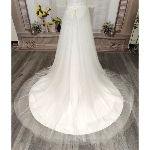 A-Line Pleated Tulle Wedding Dress with Off-Shoulder Short Sleeves- MO-A5002