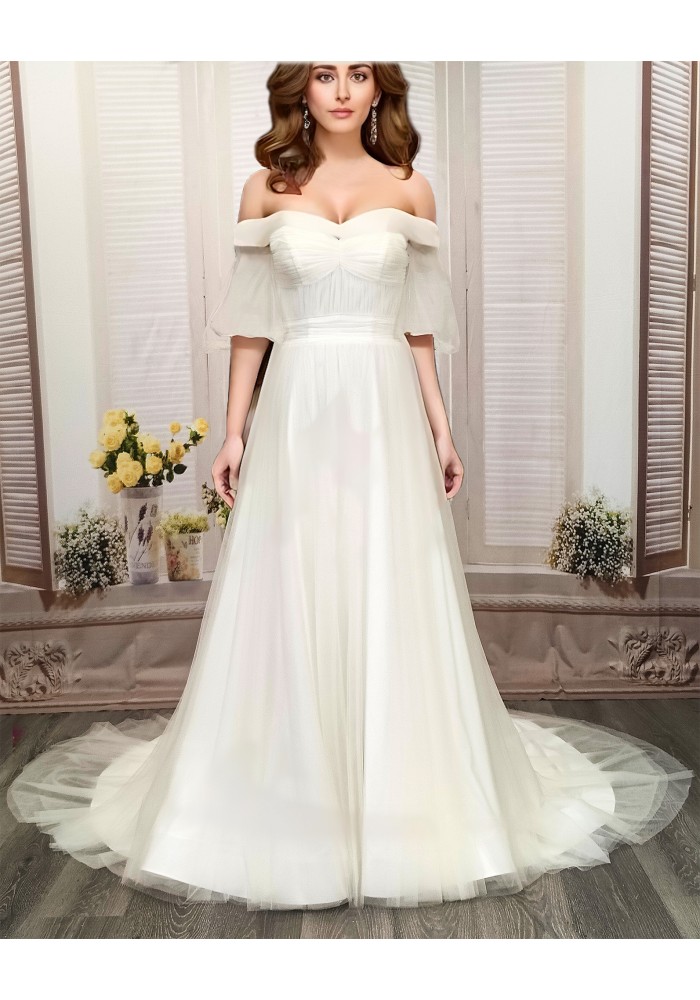 A-Line Pleated Tulle Wedding Dress with Off-Shoulder Short Sleeves- MO-A5002