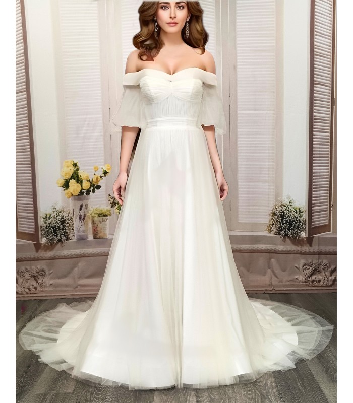 A-Line Pleated Tulle Wedding Dress with Off-Shoulder Short Sleeves- MO-A5002