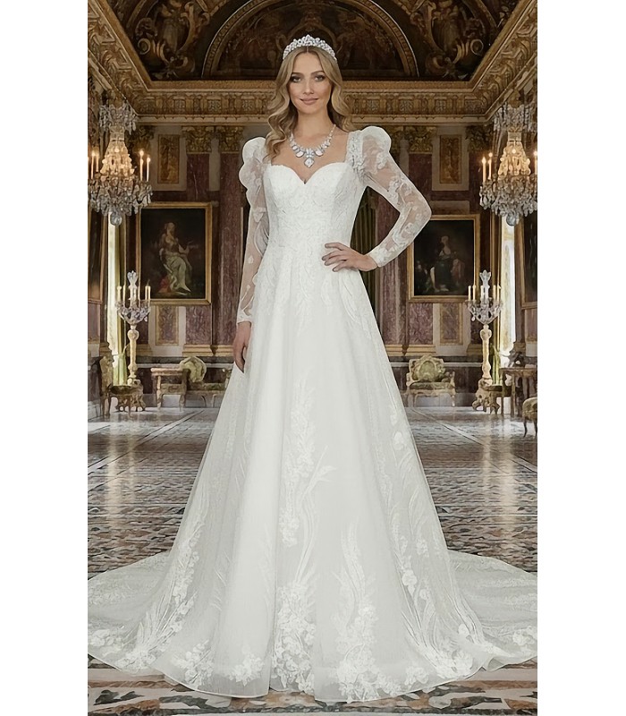 A-Line Beaded and Sequined Floral Lace Appliqued Tulle Wedding Dress with Layer of Glittery Tulle - MO-A6004