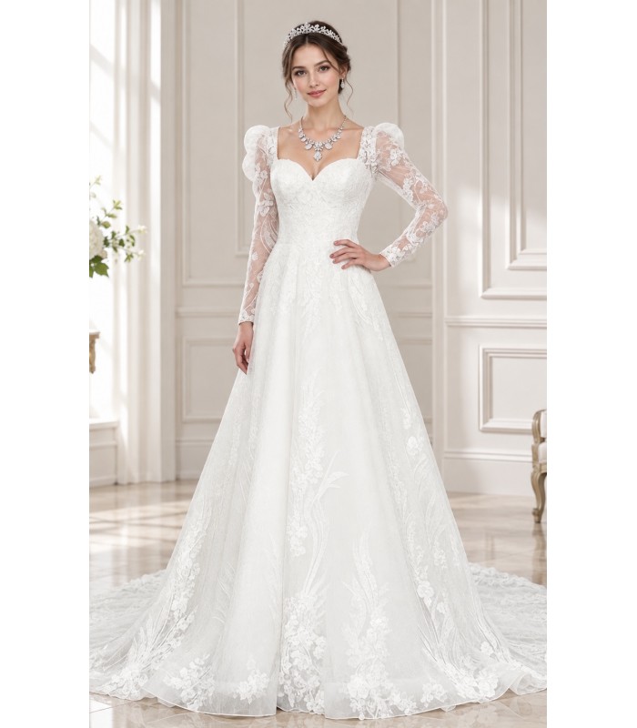 A-Line Beaded and Sequined Floral Lace Appliqued Tulle Wedding Dress with Layer of Glittery Tulle - MO-A6004