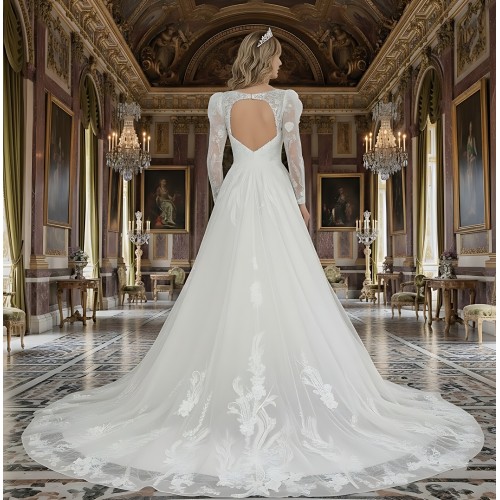 A-Line Beaded and Sequined Floral Lace Appliqued Tulle Wedding Dress with Layer of Glittery Tulle - MO-A6004