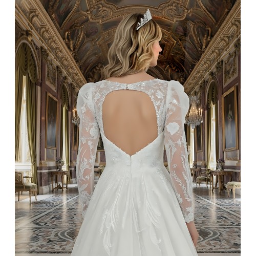 A-Line Beaded and Sequined Floral Lace Appliqued Tulle Wedding Dress with Layer of Glittery Tulle - MO-A6004